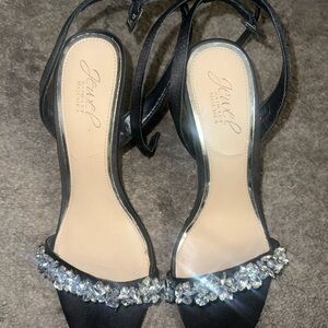 Jewel Badgley Mischka Black Satin Heels with Crystal Cluster Trim